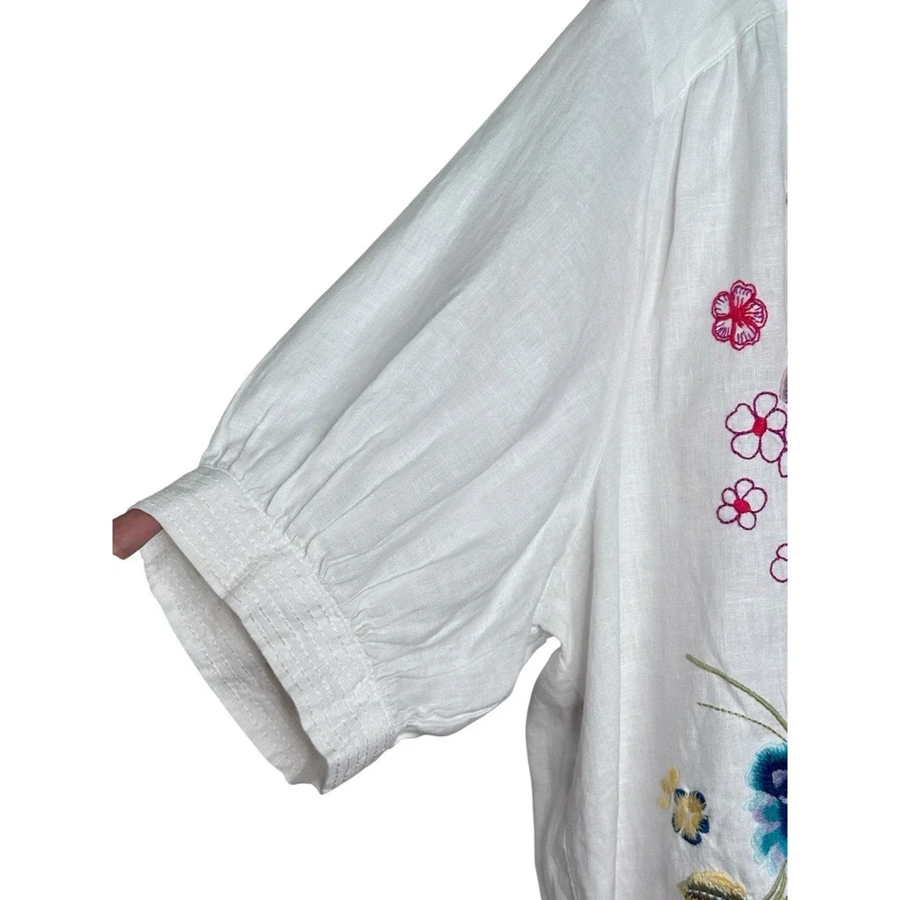 Johnny Was XL Jessi Shirred Yoke Blouse White Linen Embroidered Button Up Top - Picture 11 of 14